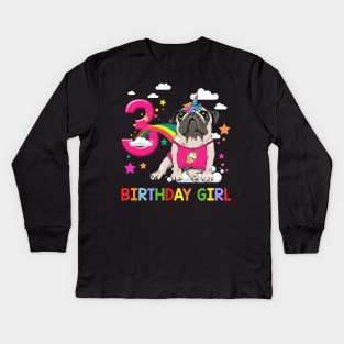 Pug Birthday - 3 Years Old Unicorn Pugicorn Party Kids Long Sleeve T-Shirt